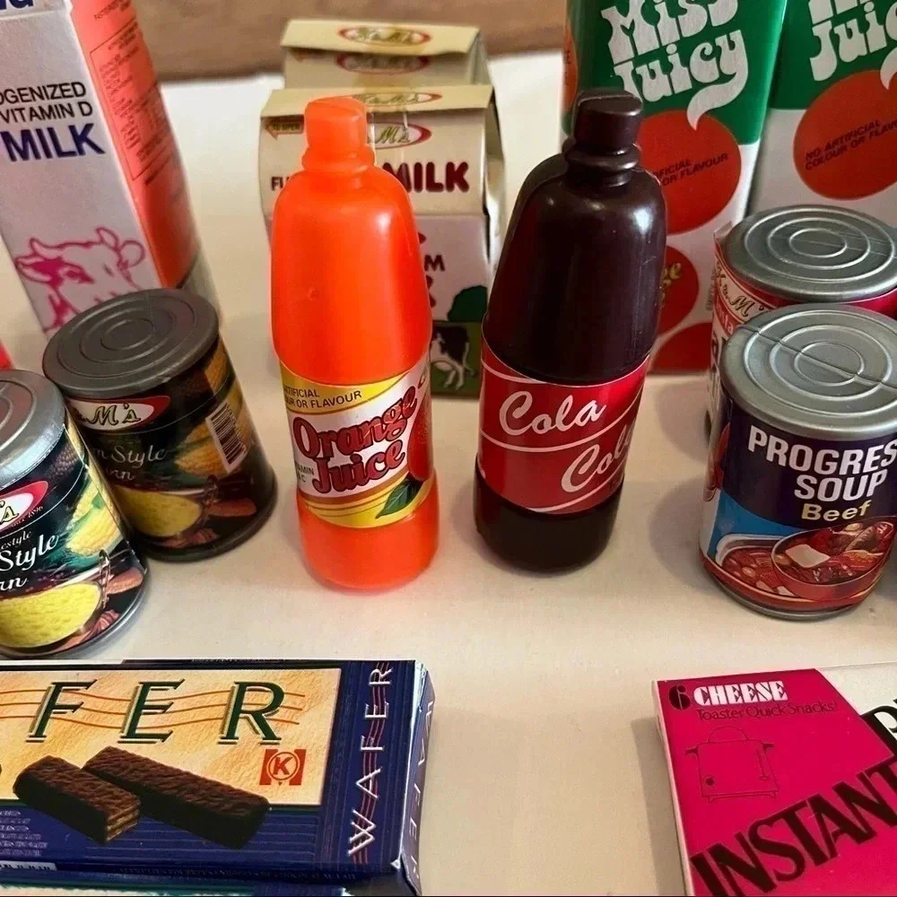 Lot 45 Vtg Pretend Play Food Mini Boxes Cans Coca Cola Progreso Milk Pizza Pasta